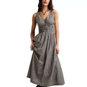 Women's Cotton V-Neck Smocked-Waist Midi Dress